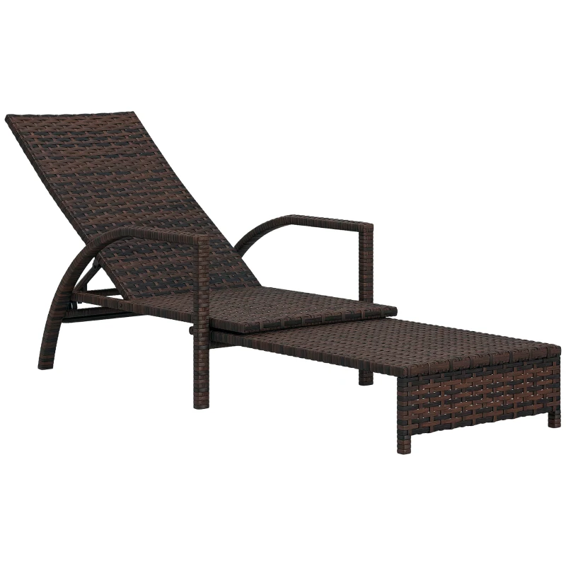 Outsunny Reclining Rattan Lounger, with Extending Footrest - Brown