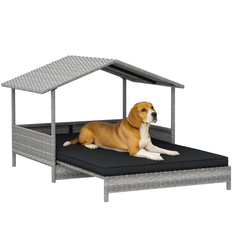 PawHut Extendable Elevated Dog Bed, Rattan Dog House, with Water-Resistant Roof, Removable Cushion, Charcoal Grey