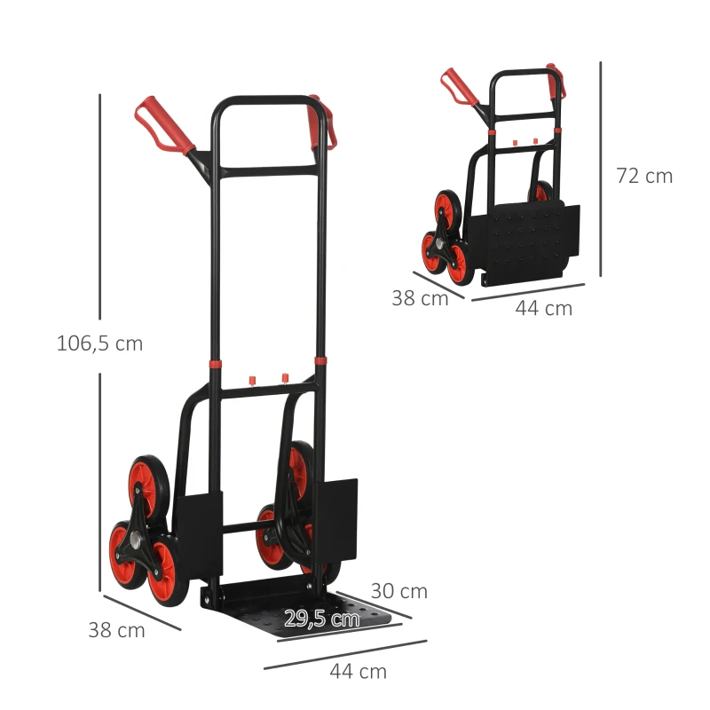 HOMCOM Diable pour escalier 6 roues diable repliable extensible 120 Kg - chariot pliable acier noir rouge