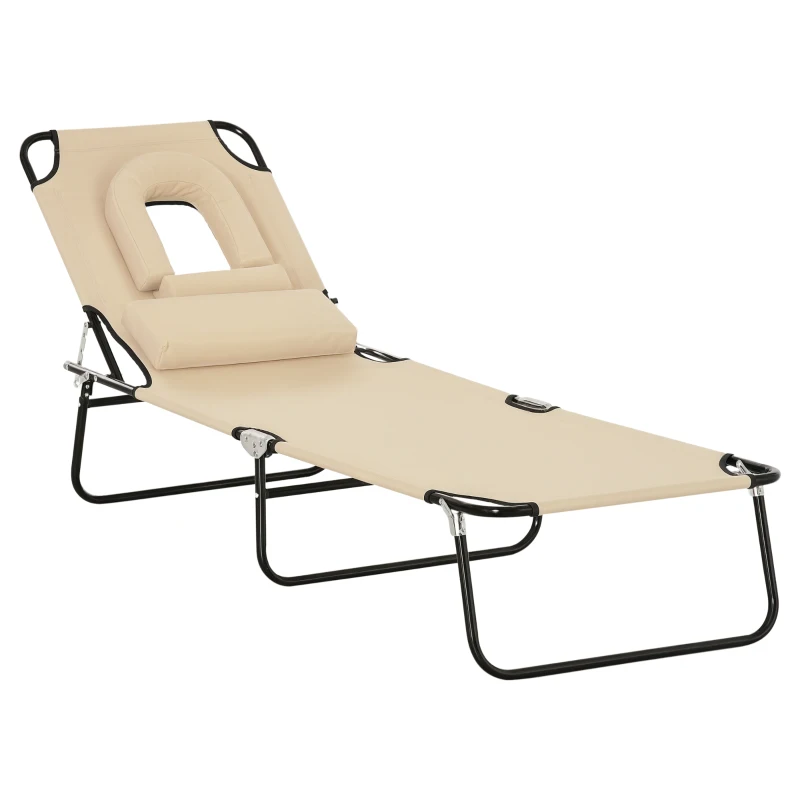 Outsunny Outdoor Folding Sun Lounger with Face Hole, 4 Level Adjustable Backrest Reclining Garden Lounger, Garden Recliner Sunbed with 600 D Oxford Cloth Seat and Pillow for Beach, Beige