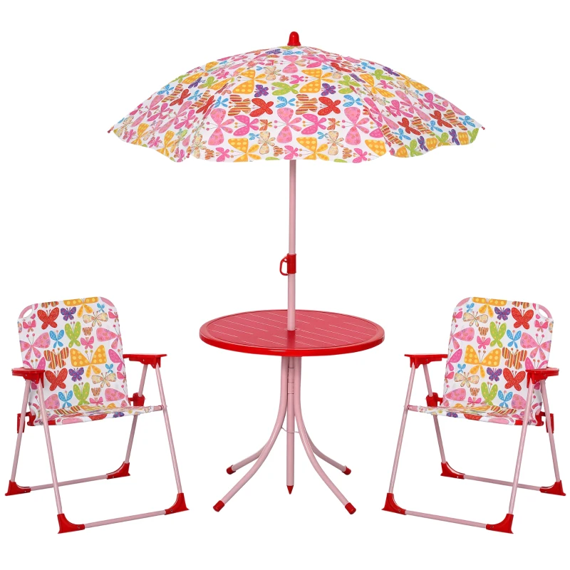 Outsunny Kids Outdoor Bistro Table and Chair Set Butterfly Pattern Garden Patio Backyard with Removable & Height Adjustable Parasol