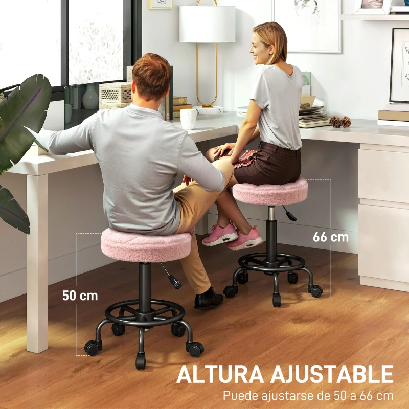 HOMCOM Taburete Giratorio Redondo Taburete con Ruedas Altura Regulable 50-66 cm Asiento Tapizado en Tejido de Borreguito Rosa