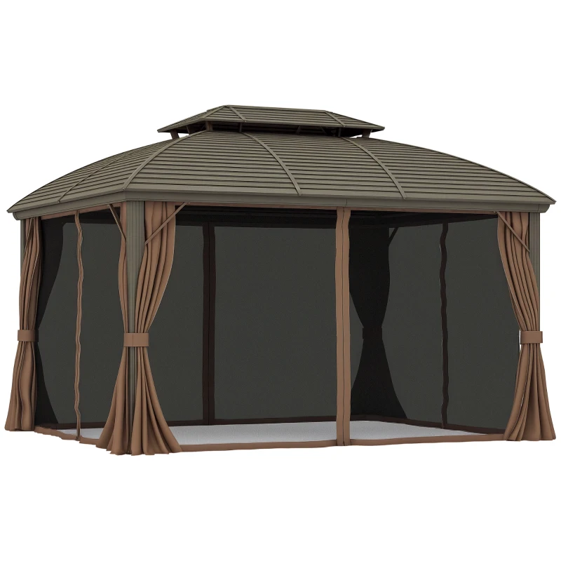 Outsunny 3.65 x 3(m) Hardtop Steel Gazebo Canopy with Aluminium Frame, Double Roof, Net Sidewalls and Curtains, Coffee