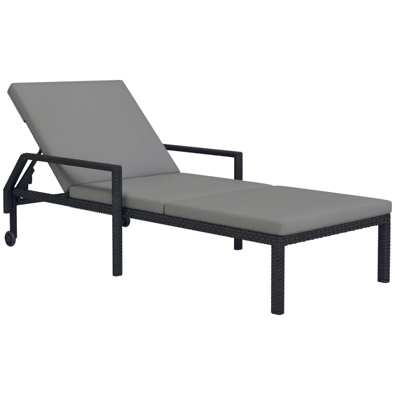 Outsunny Espreguiçadeira de Vime com Encosto Ajustável em 5 Posições Acolchoado e 2 Rodas 73x200x48 cm Cinza Claro e Preto