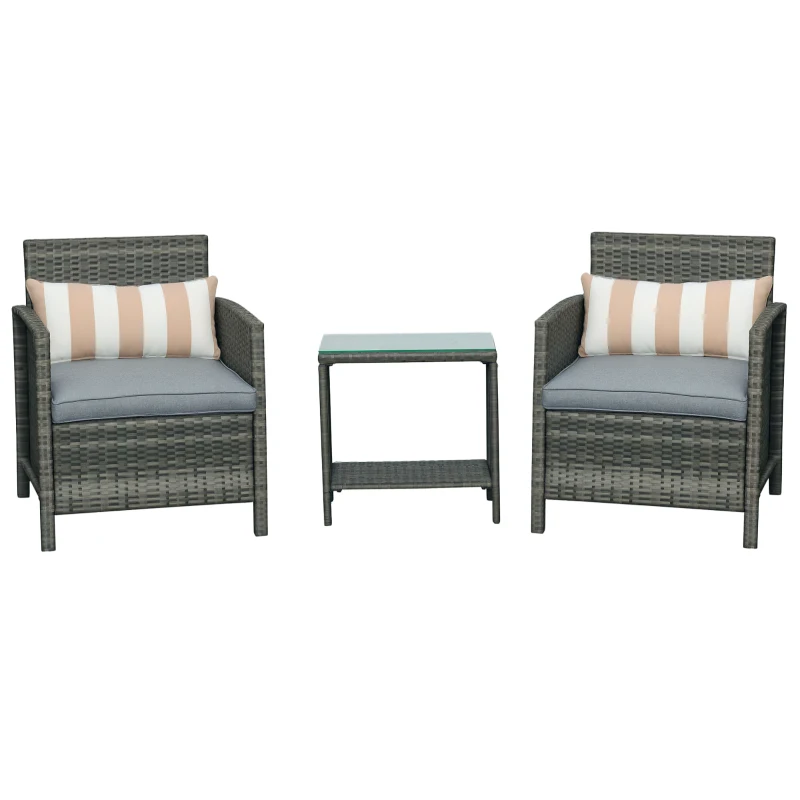 Outsunny 3 Pieces Rattan Bistro Set, Wicker Garden Furniture Set, Glass Top 2-tier Coffee Table and Chairs Set with Pillows and Washable Cushions for Outdoor, Patio, Balcony, Grey