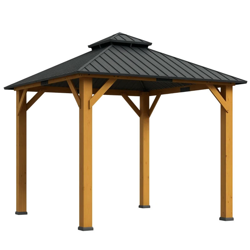 Outsunny 3x(3)M Outdoor Hardtop Gazebo Canopy with 2-Tier Roof and Solid Wood Frame, Outdoor Patio Shelter for Patio, Garden, Grey