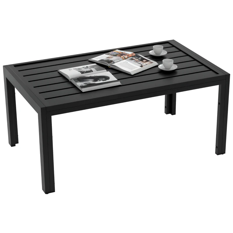 Outsunny Outdoor Side Table, Rectangular Patio Coffee Side Table with Steel Frame and Slat Tabletop for Garden, Balcony, Black