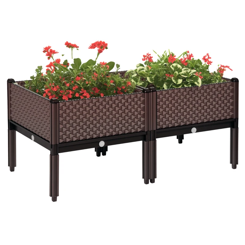 Outsunny Set of 2 Indoor/Outdoor Planter Boxes | Garden Raised Elevated Beds, Flowers Vegetables Fruits Herbs Container w/ Self-Watering Design Drainage Holes, Brown