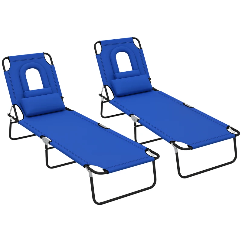 Outsunny Outdoor Folding Sun Lounger Set of 2 with Face Hole, 4 Level Adjustable Backrest Reclining Garden Lounger, Garden Recliner Sunbed with 600 D Oxford Cloth Seat and Pillow for Beach, Blue