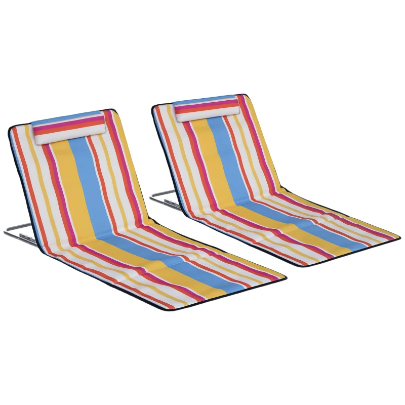 Outsunny Set 2 Șezlonguri de Plajă cu Spătar Reglabil pe 5 Niveluri, Tetieră și Geantă de Transport, 124x53x35-45 cm, Multicolor