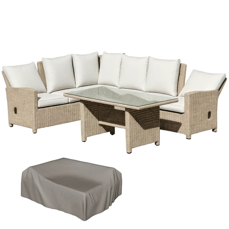 Outsunny 5 PCS Reclining PE Rattan Garden Dining Set Bonzer Patio Furniture w/ Sofa Chairs Glass Table, Olefin Cushions Adjustable Feet Stylish Lounge Conversation