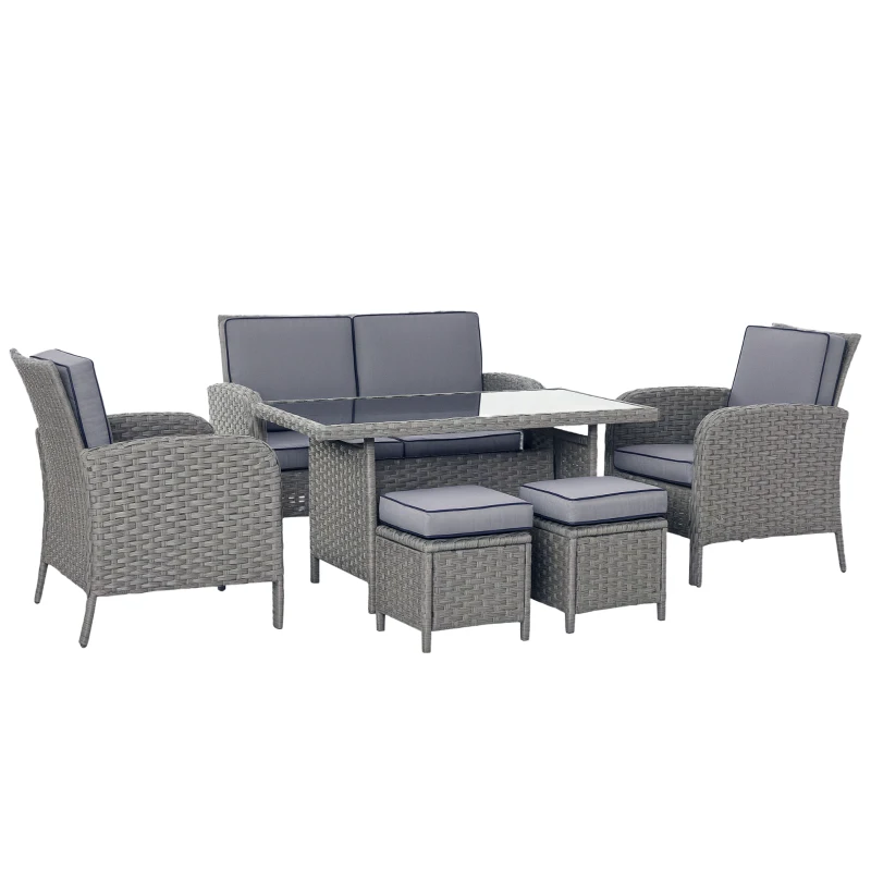 Outsunny 6 Pieces Rattan Garden Furniture Set, 6 Seater Garden Sofa Set with Glass Top Dining Table, Loveseat, 2 Armchairs and Ottomans, Wicker Outdoor Conservatory Furniture for Patio, Grey