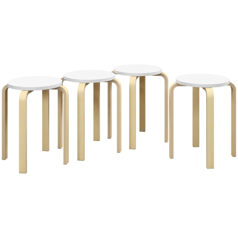 HOMCOM Set 4 Stapelbare Runde Hocker aus Weißem Holz, Ø40x45 cm