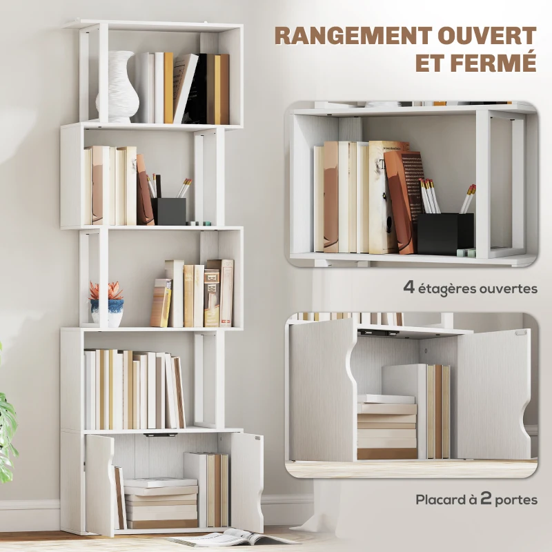 HOMCOM Bibliothèque à 5 niveaux, meuble de rangement avec étagères et placard double porte, 60 x 23,8 x 179,2 cm, blanc