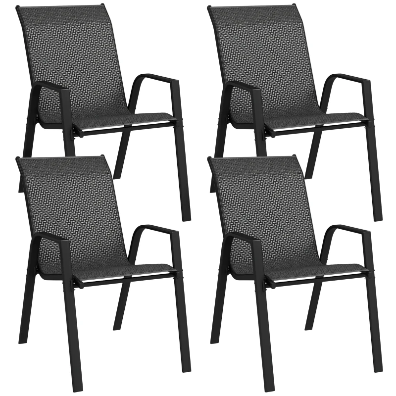 Outsunny Lot de 4 chaises de jardin empilables, fauteuil d'extérieur avec accoudoirs et revêtement en résine tressée effet rotin