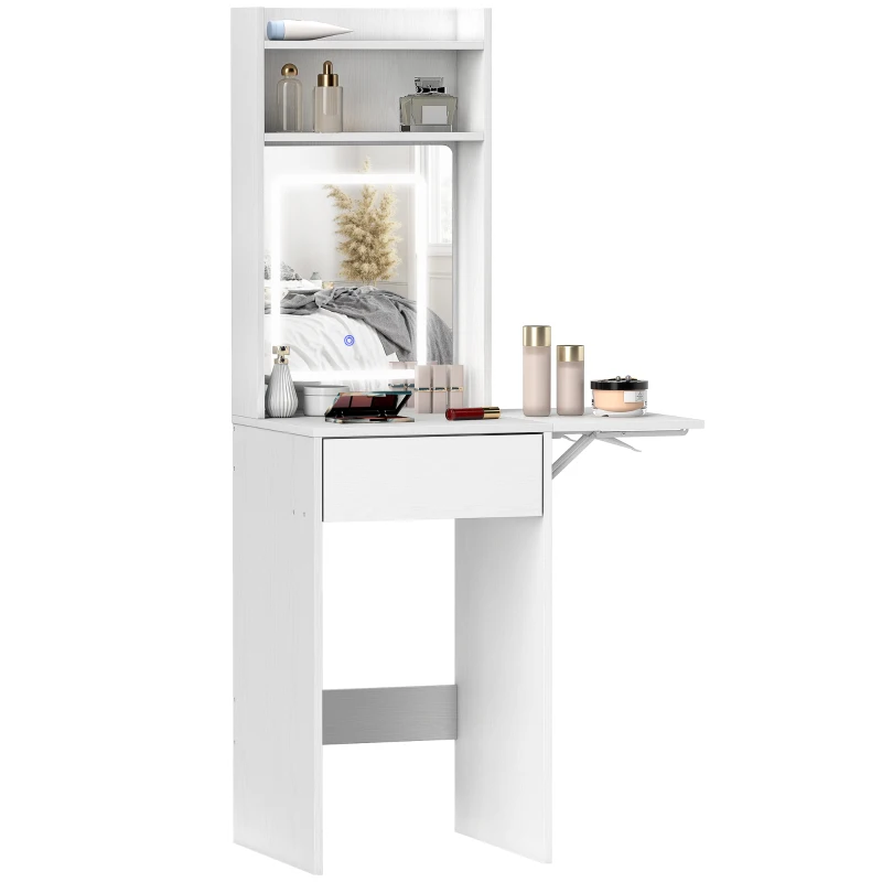HOMCOM Coiffeuse Compacte avec Miroir et Éclairage LED, Plateau Pliable, Étagères Ouvertes, Tiroir, MDF, Blanc