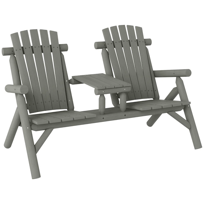 Outsunny Wood Patio Chair Bench 2 Seats w/ Centre Coffee Table, Garden Bench, Grey