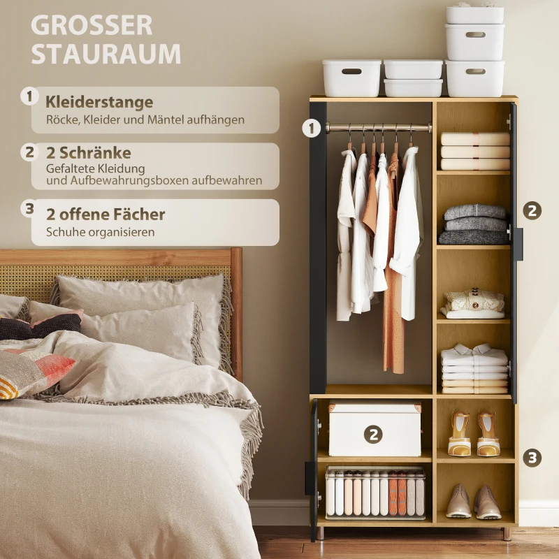 HOMCOM Kleiderschrank mit Spiegel und Hängestange, Aufbewahrungsfächer, offene Ablageflächen, Naturholz, Schwarz(m-4)