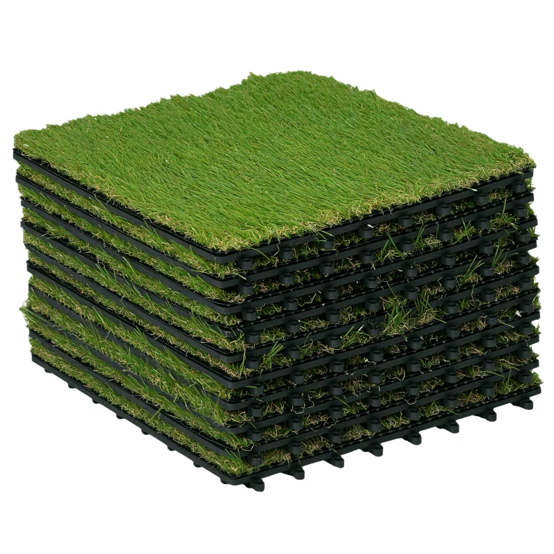 Outsunny Gazon synthétique Artificiel Set de 10 Dalles Carreaux 30 x 30 cm épaisseur Confort 3,5 cm à emboîter Vert