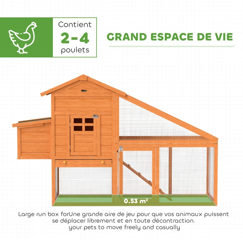 PawHut Poulailler cottage cage à poules sur pied multi-équipement bois massif pin pré-huilé 179 x 67 x 115 cm orange