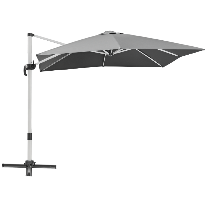 Outsunny 3 x 3(m) Cantilever Roma Parasol, Square Garden Umbrella with Cross Base, Crank Handle, Tilt, 360° Rotation and Aluminium Frame, Grey