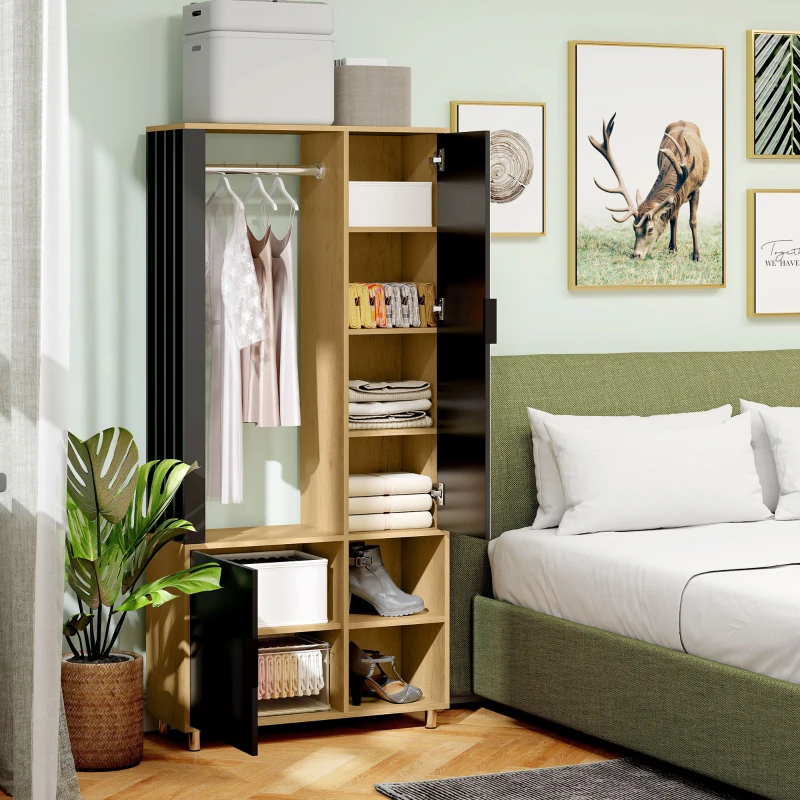 HOMCOM Kleiderschrank mit Spiegel und Hängestange, Aufbewahrungsfächer, offene Ablageflächen, Naturholz, Schwarz(m-8)