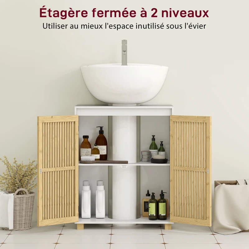 HOMCOM Meuble sous lavabo salle de bain - placard à portes à lattes en bambou, 60 x 30 x 75 cm, effet bois naturel