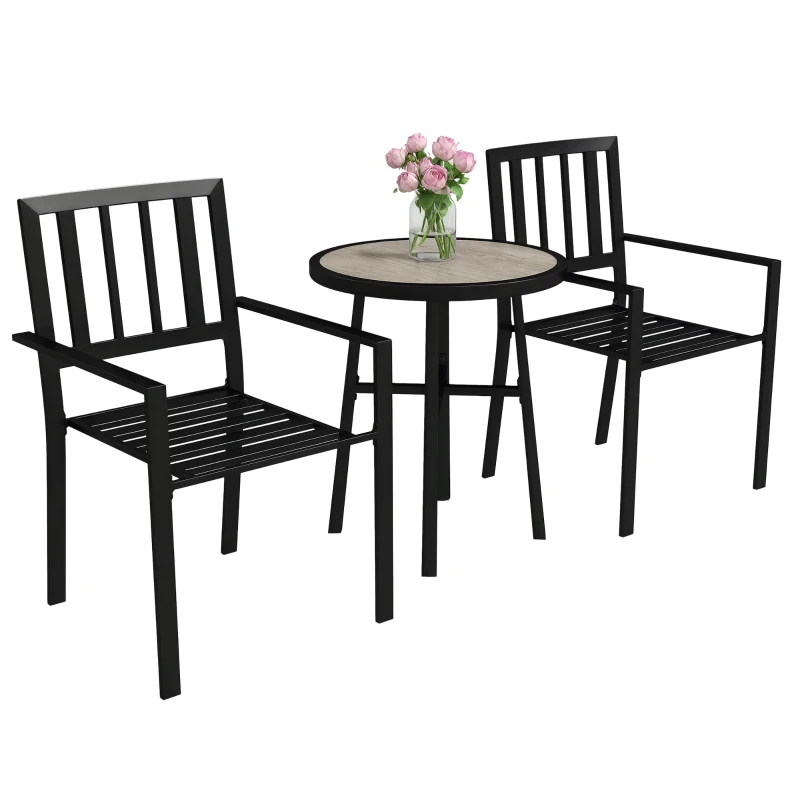 Outsunny 3 Piece Patio Bistro Set with Plastic Top, 2 Stackable Chairs, Galvanised Steel Frame, Grey