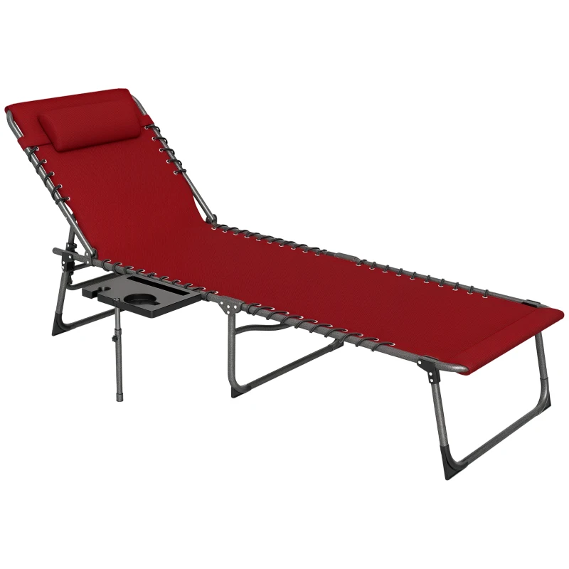 Outsunny Bain de soleil pliante dossier réglable sur 5 niveaux, plateau, appuie-tête, poche latérale 60x190x31cm, rouge