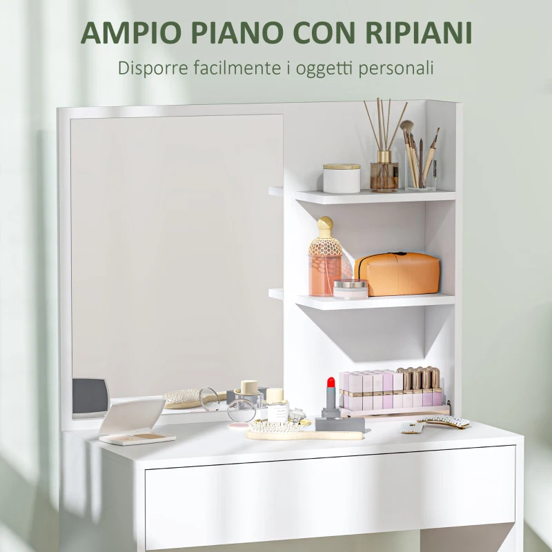 HOMCOM Tavolo da Trucco con Specchio, 3 Ripiani ad Angolo e Cassetto, in Legno e Vetro, 75x40x137 cm, Bianco