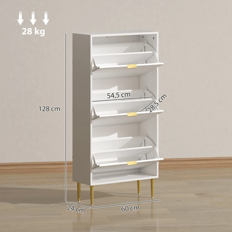 HOMCOM Schuhschrank schmal mit 3 gerillten Türen und verstellbaren Regalen für 18 Paar Schuhe 60x24x128 cm Weiß