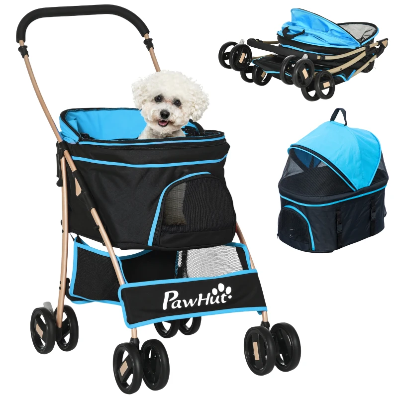 PawHut Carrito para Perros Pequeños 3 en 1 con Vagón Desmontable Cesta de Almacenaje Correas de Seguridad y Cojín Azul