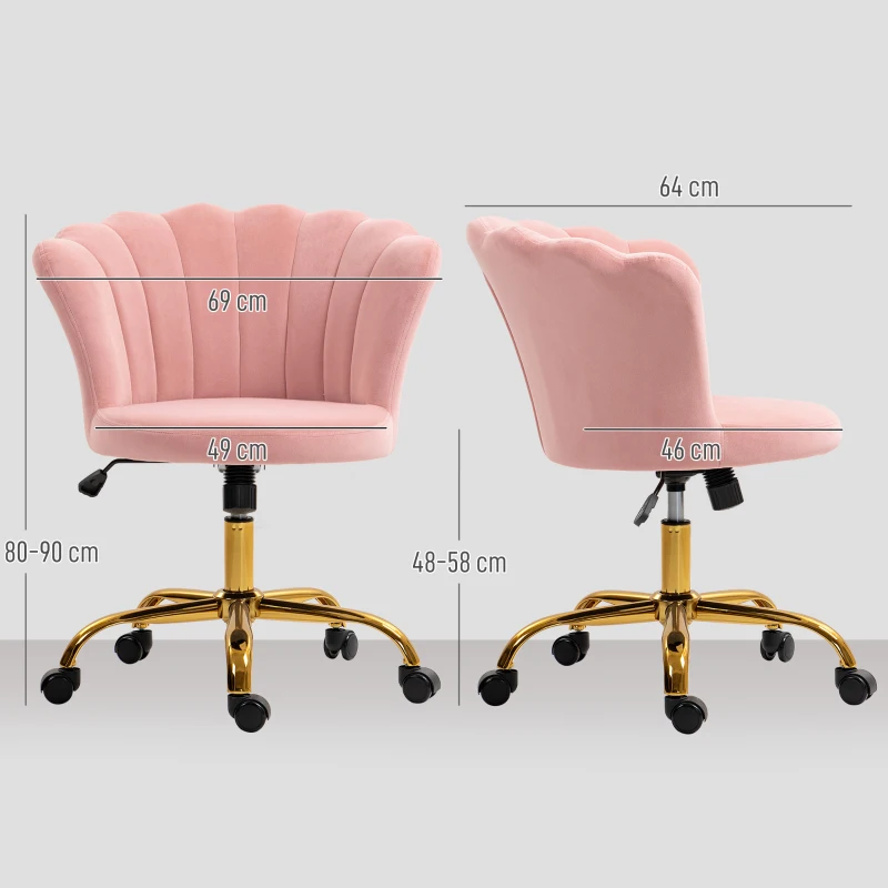 HOMCOM Bürostuhl aus Samt, Friseurstuhl mit Petal-Dossier, höhenverstellbar, 69 x 64 x 80-90 cm, rosa