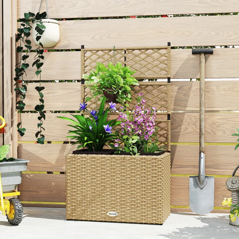Outsunny Pflanzenkübel mit Rankgitter 3 Pflanzkästen 22L aus Polyrattan und Stahl 57 x 30 x 107 cm Sand