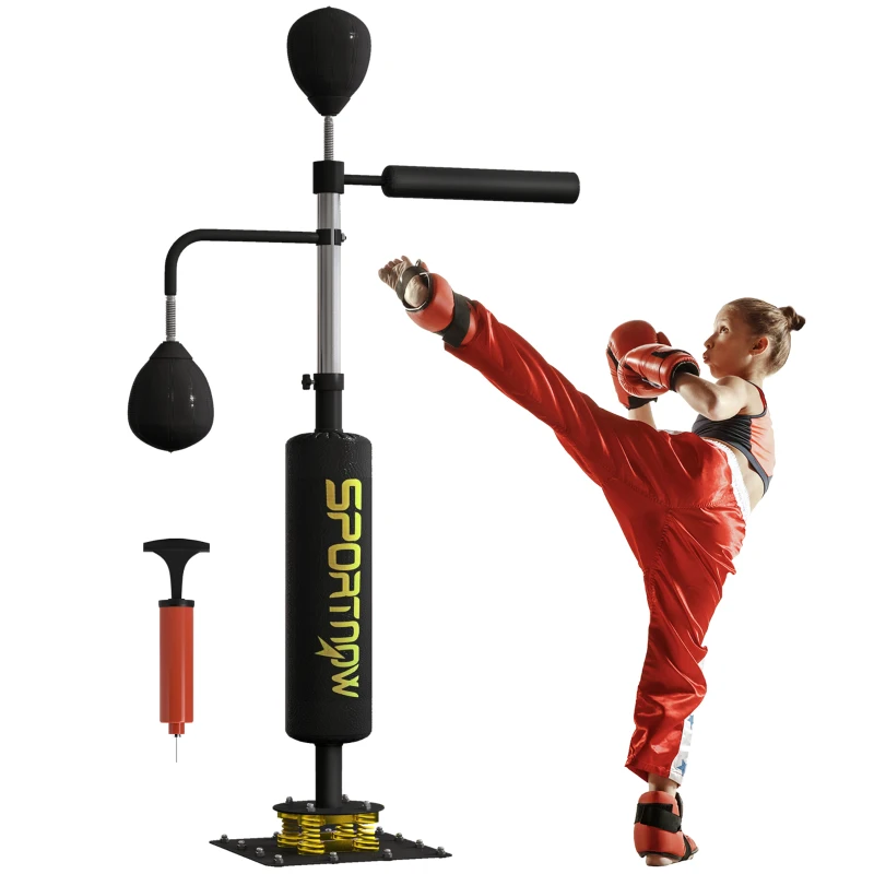 SPORTNOW Vrijstaande bokszak, twee speedballs, draaibare bokszuil, kickkussen, in hoogte verstelbaar, staal, 84 x 36 x 140-205 cm, Zwart(m-11)