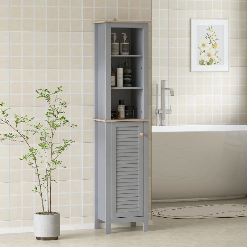 kleankin Bathroom Floor Storage Cabinet with 3 Tier Shelf and Cupboard with Door, Free Standing Linen Tower, Tall Slim Side Organizer Shelves, Grey