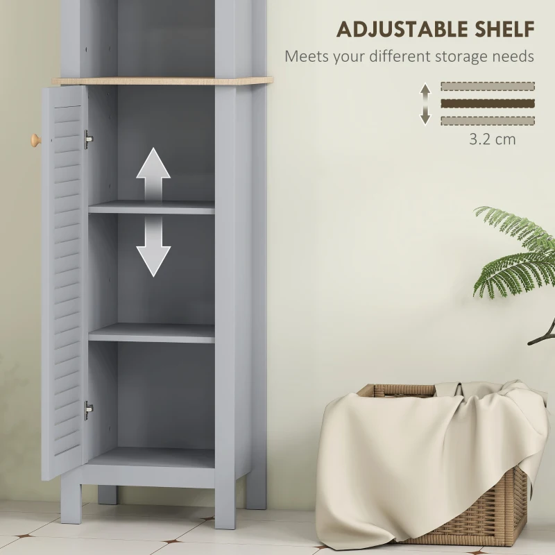 kleankin Bathroom Floor Storage Cabinet with 3 Tier Shelf and Cupboard with Door, Free Standing Linen Tower, Tall Slim Side Organizer Shelves, Grey