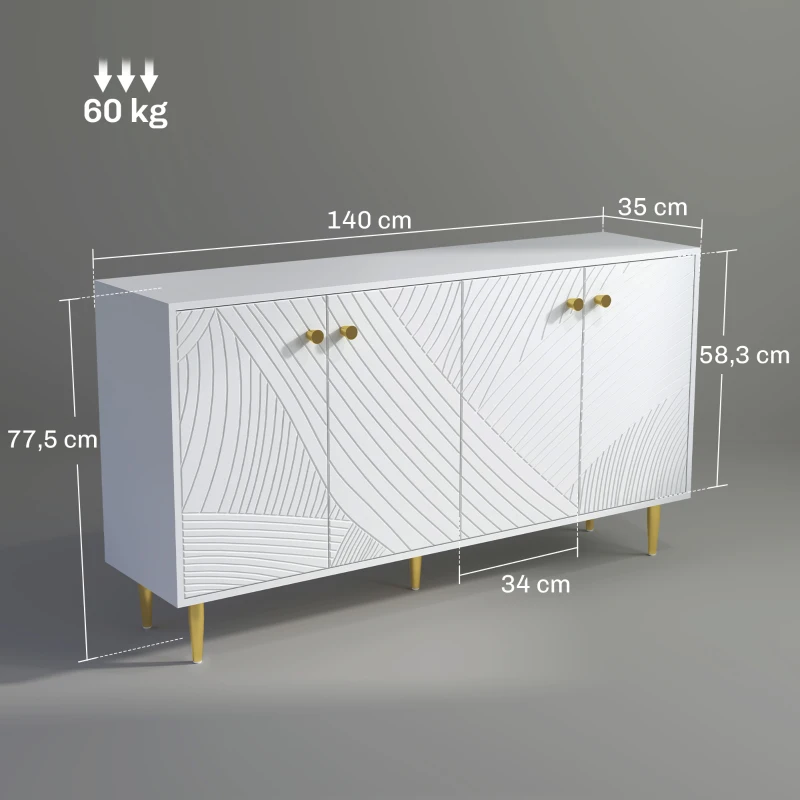 HOMCOM Buffet Wohnzimmer Aufbewahrungsschrank mit verstellbaren Regalen, Türenschränken, 140 x 35 x 77,5 cm, Weiß