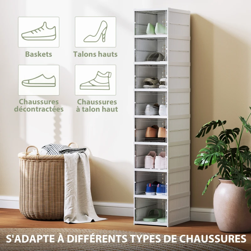 HOMCOM Lot de 8 boîtes à chaussures pliables en plastique empilables avec couvercles, pour pointure jusqu'à 43, blanc