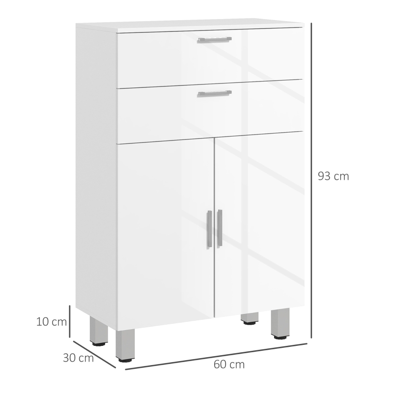 kleankin Badezimmerschrank mit 2 Schubladen, Doppeltürschrank und verstellbaren Regalen 60 x 30 x 93 cm weiß glänzend