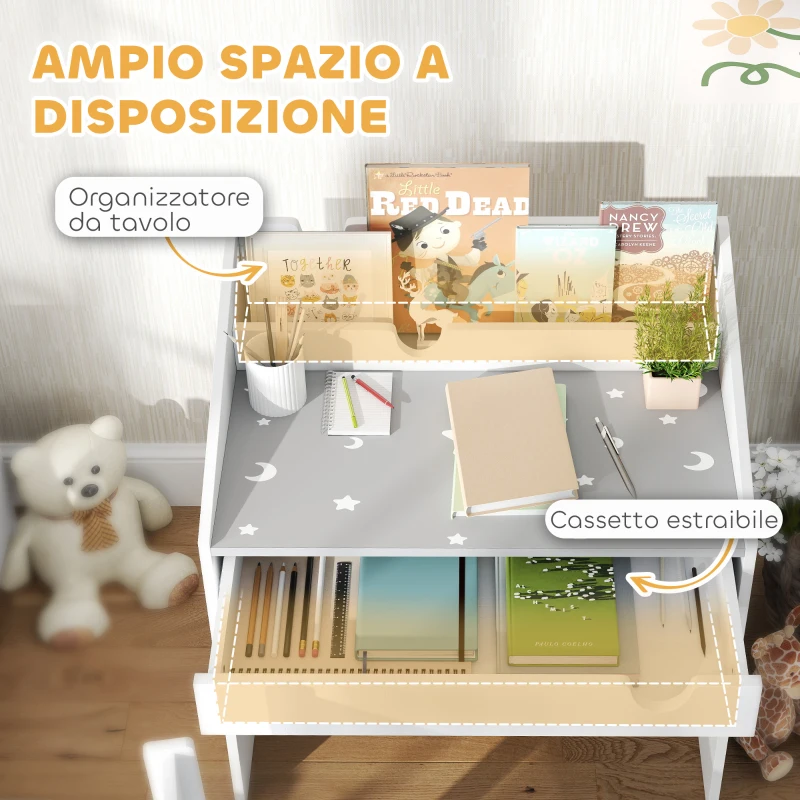 AIYAPLAY Set Sedia e Tavolino per Bambini 3-6 Anni con Organizzatore e Cassetto Estraibile, in Legno Grigio