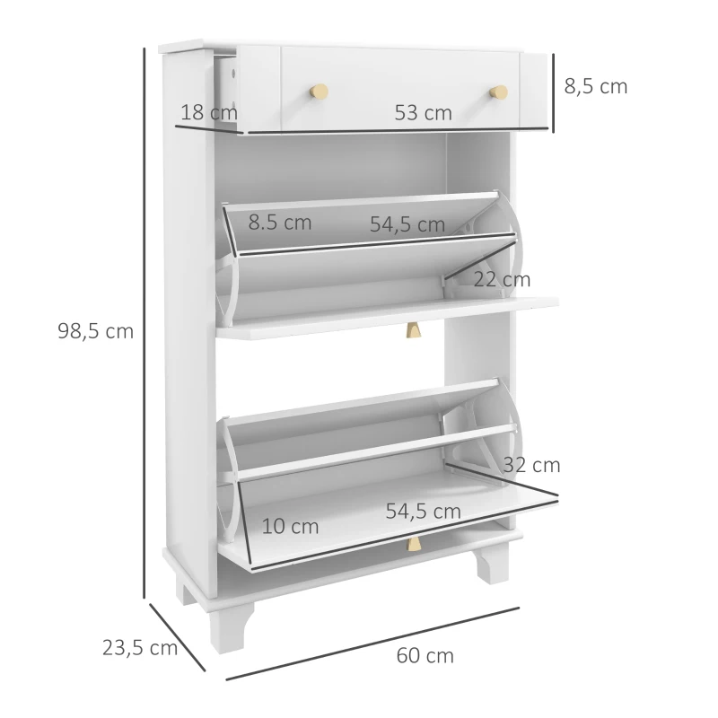 HOMCOM Schuhschrank für schmale Eingänge mit kippbaren Schubladen und verstellbarem Regal, 60 x 23,5 x 98,5 cm, weiß