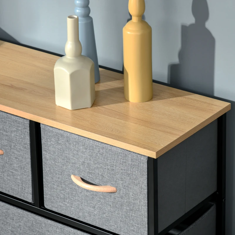 HOMCOM Kommode 9 Schubladen Stoffaufbewahrungsschrank klappbare Schublade - schwarzes Stahlgestell - 100 x 30 x 100 cm, Eiche und Grau