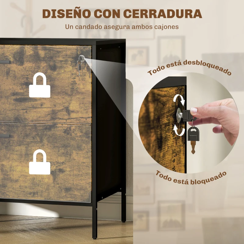 HOMCOM Cajonera de Oficina con 2 Cajones Cajonera para Archivadores con Cerradura y Carpetas Colgantes 80x39x73,5 cm Marrón