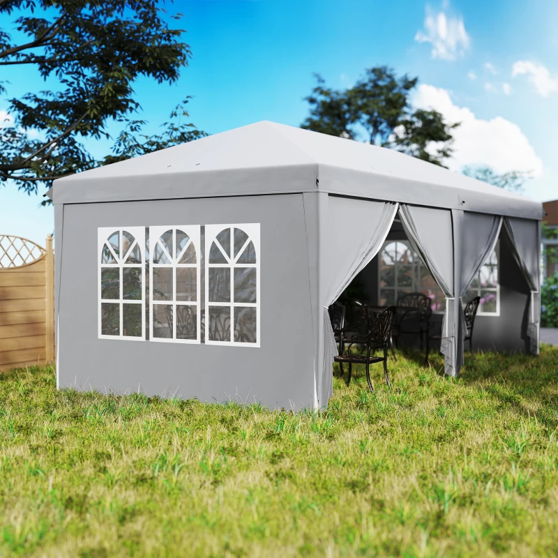 Outsunny Popup-Gartenpavillon Faltbarer Pavillon 6 x 3 x 2,7 m 4 abnehmbare Seitenwände 4 Fenster Transporttasche Hellgrau
