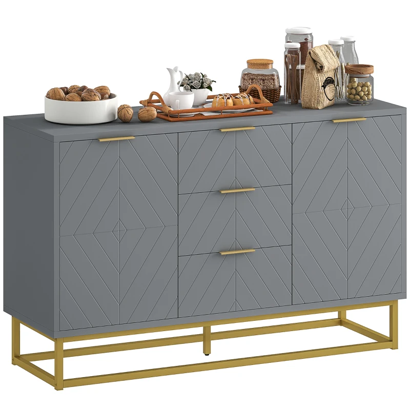 HOMCOM Aparador Auxiliar Armário de Armazenamento com 3 Gavetas e 2 Armários com Prateleira Ajustável 120x40x76 cm Cinza