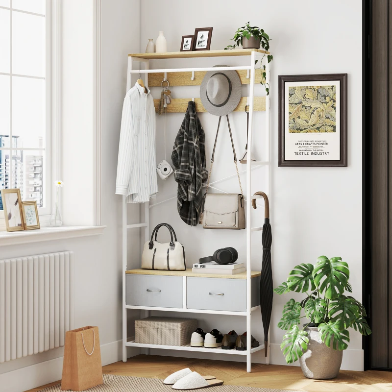 HOMCOM Móvel Cabide de Entrada com Banco Sapateira 8 Ganchos 2 Gavetas de Tecido Barra Prateleira 80x30x180,5 cm Branco e Madeira
