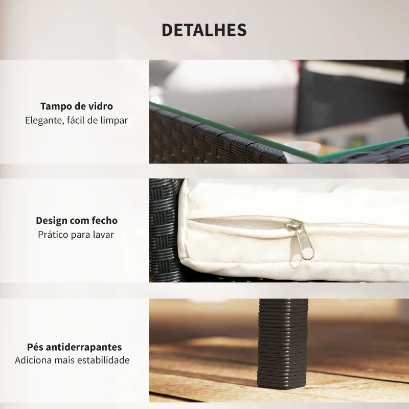 Outsunny Conjunto de Jardim de Vime Sintético com 2 Poltronas 1 Sofá de 2 Lugares 1 Mesa de Centro e Almofadas Preto e Branco
