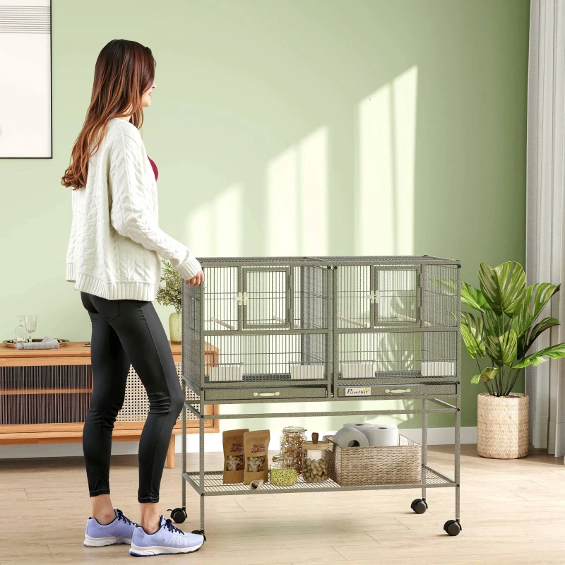 PawHut Doppia Gabbia per Uccelli in Metallo di Alta Qualità con Vassoi Estraibili, Supporto Stabile con 4 Ruote e Ripiano, 95x45.5x102cm, Nero Grigio