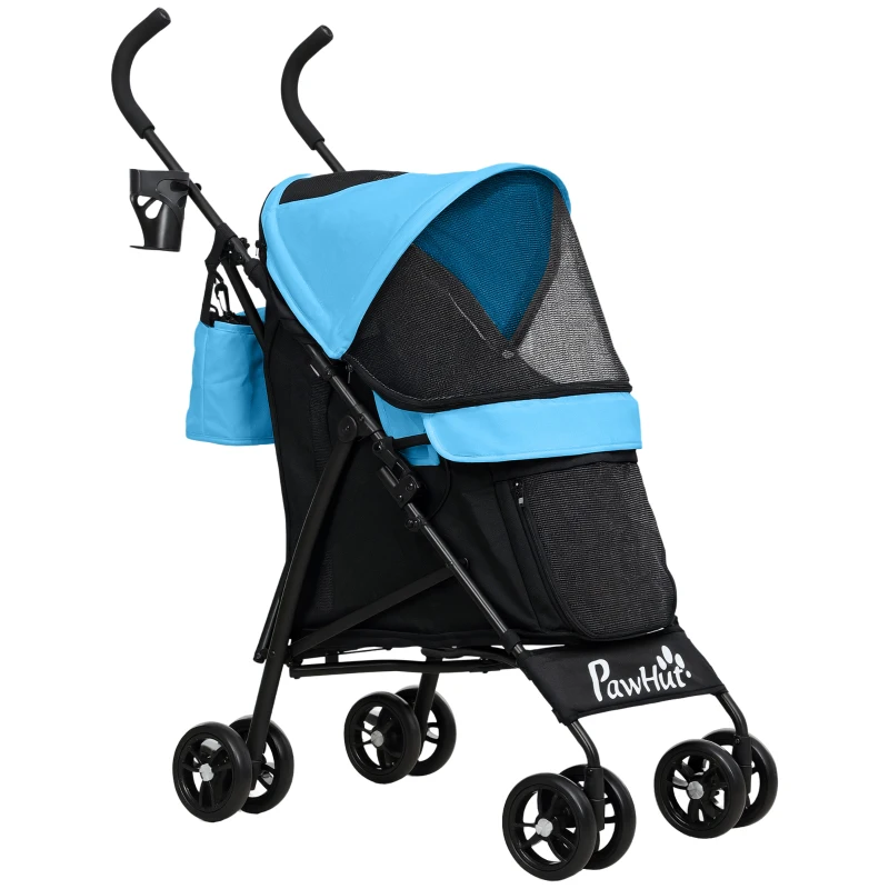 PawHut Cochecito para Perros Pequeños con Estructura de Paraguas con Cojín Lavable Portavaso Ventanas de Malla y Bolsa Azul
